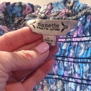 Nanette Lepore L Blue Floral Smocked Peasant Blouse Retro Boho Top Rayon.